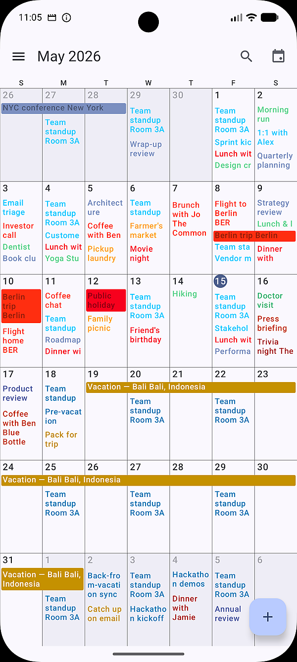 Calendar+ month view — May 2026 with colored events