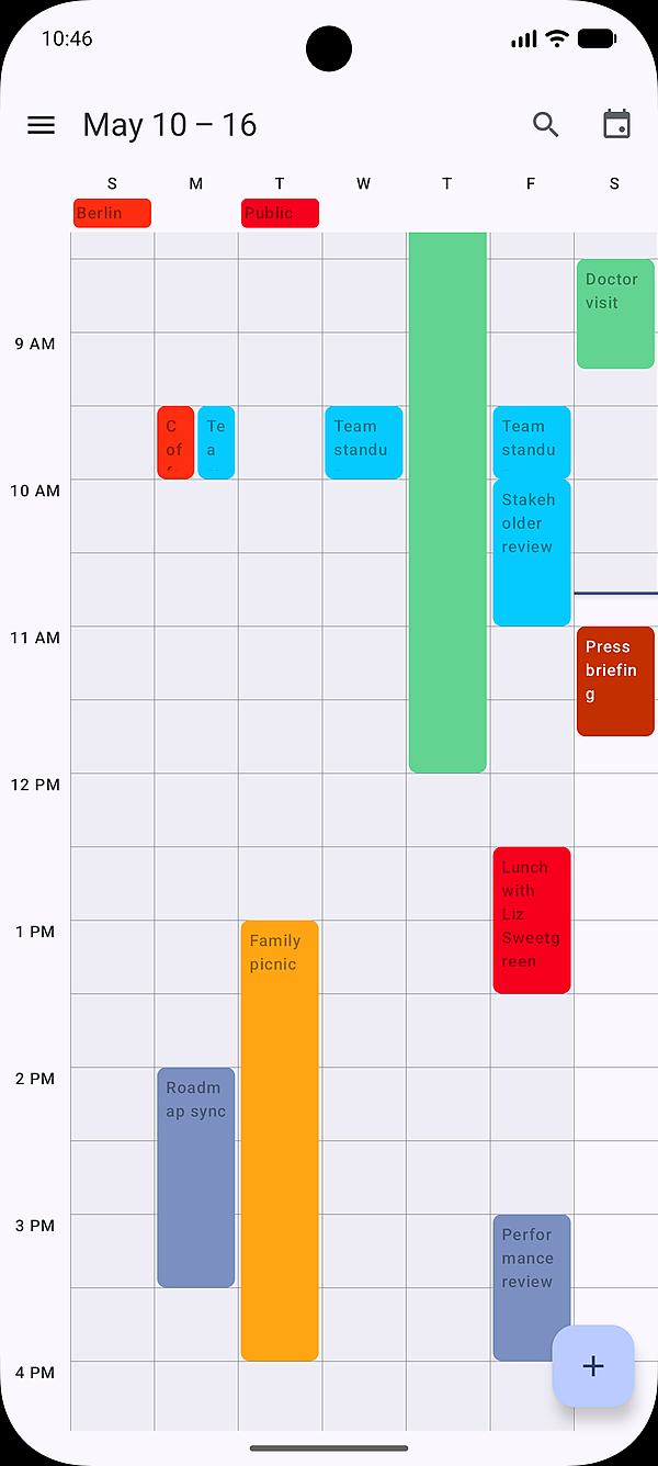 Week view — hours grid with concurrent events