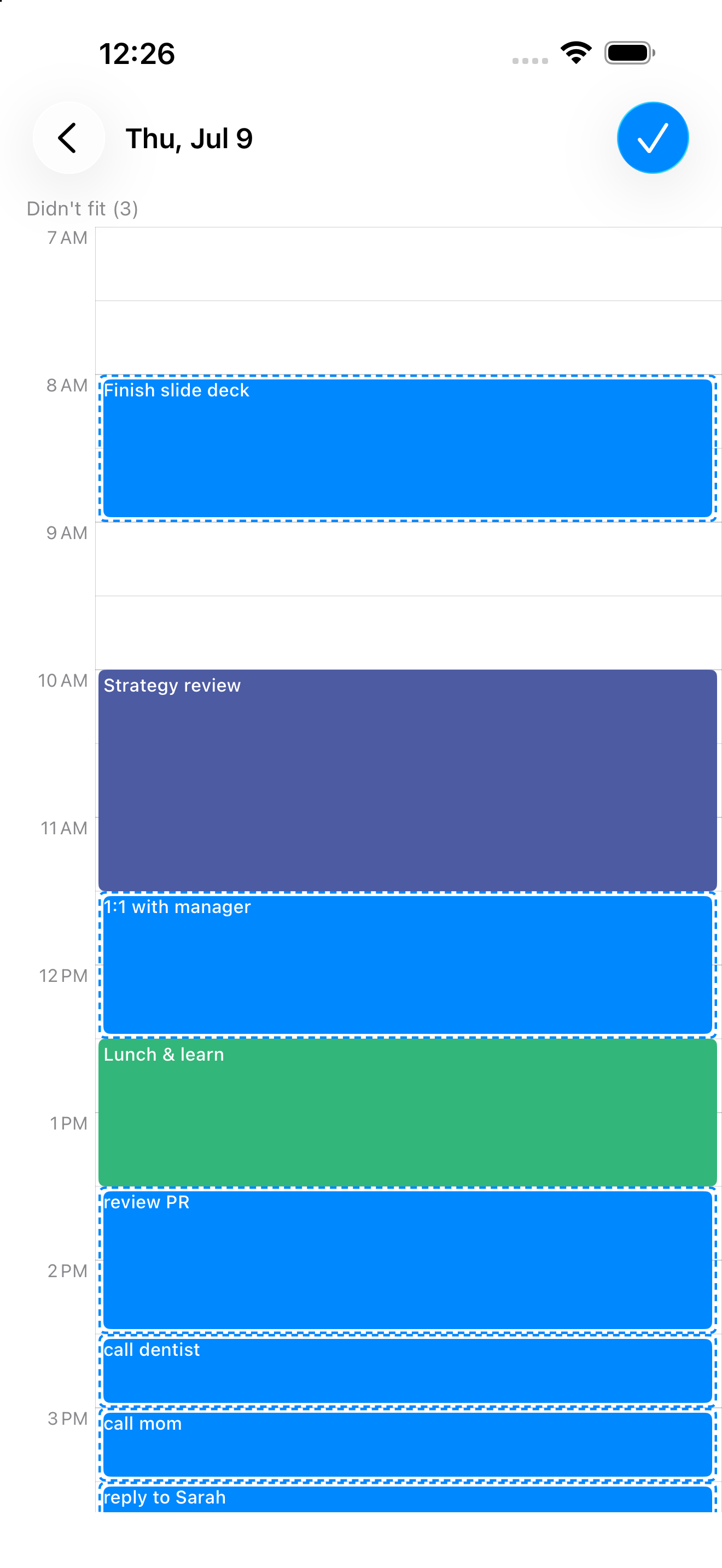 Review the AI-planned day — new time blocks shown before you save