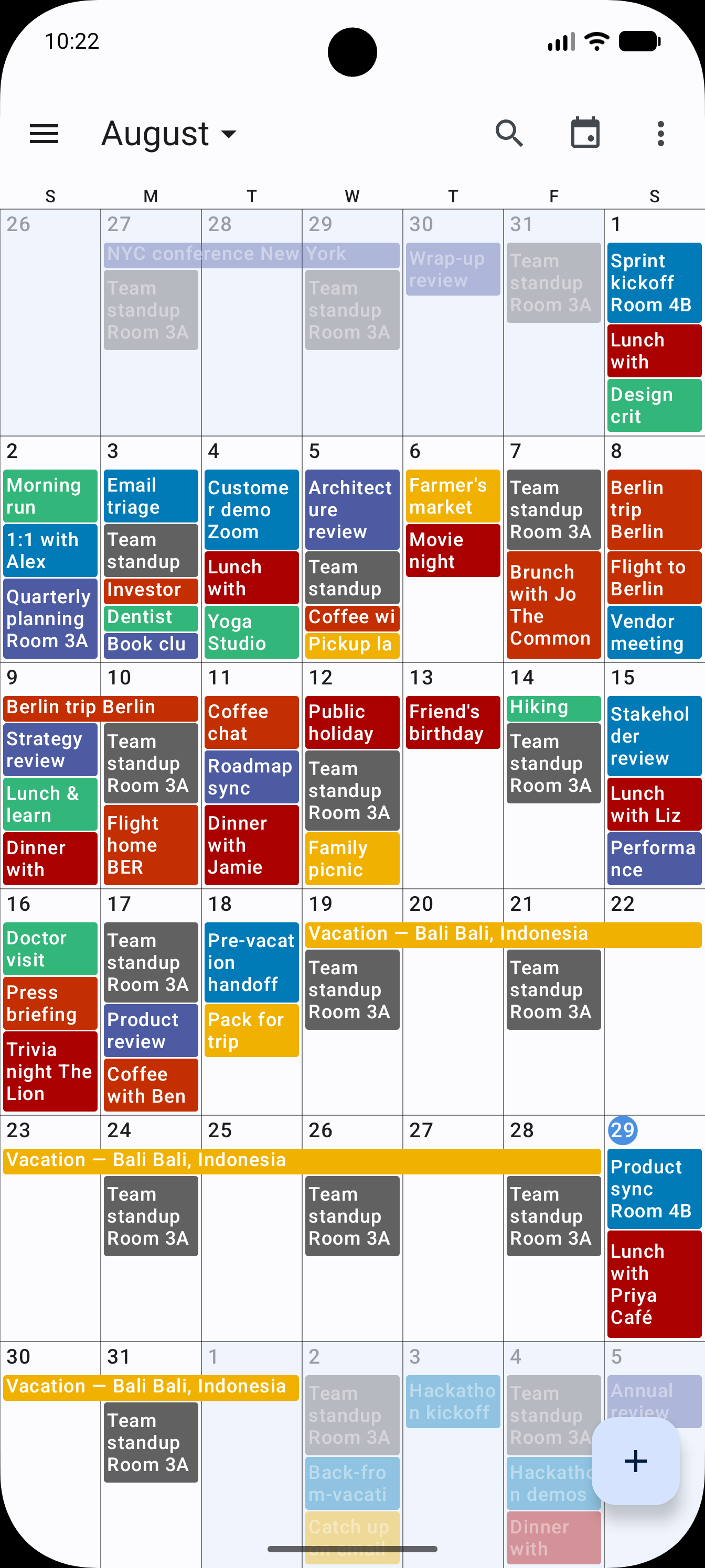 Calendar+ 2 月檢視 — 7 月畫面，顯示彩色行程與頂部的 AI 規劃師