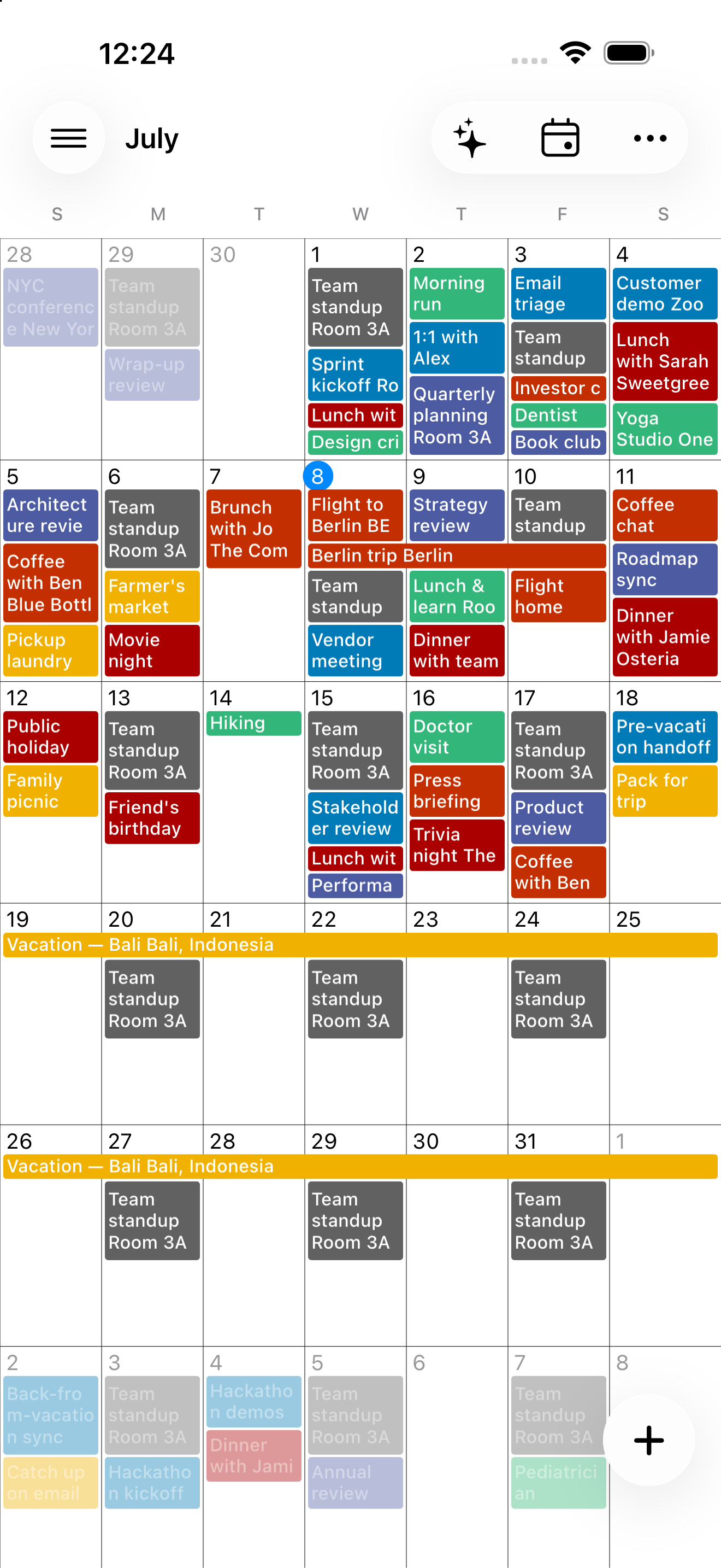 Calendar+ 2 month view — July with colored events and the AI planner in the header